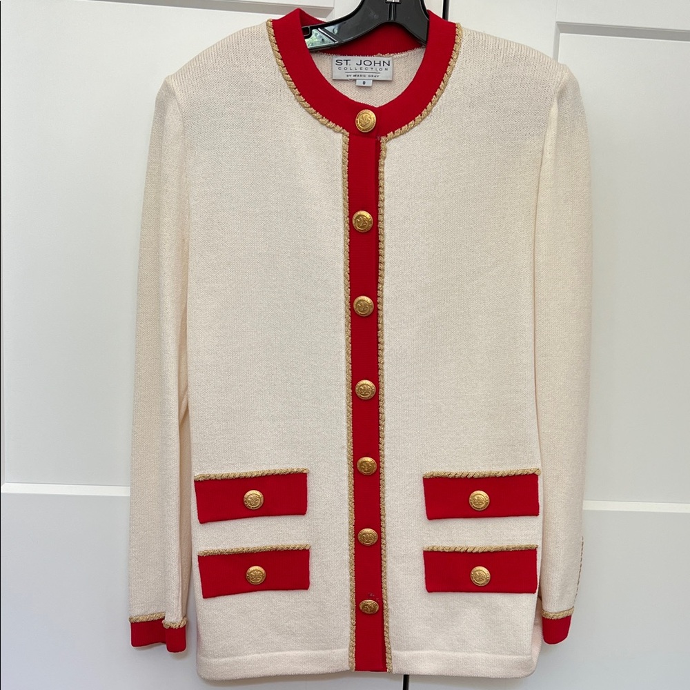 St. John Ivory and Scarlet Cardigan